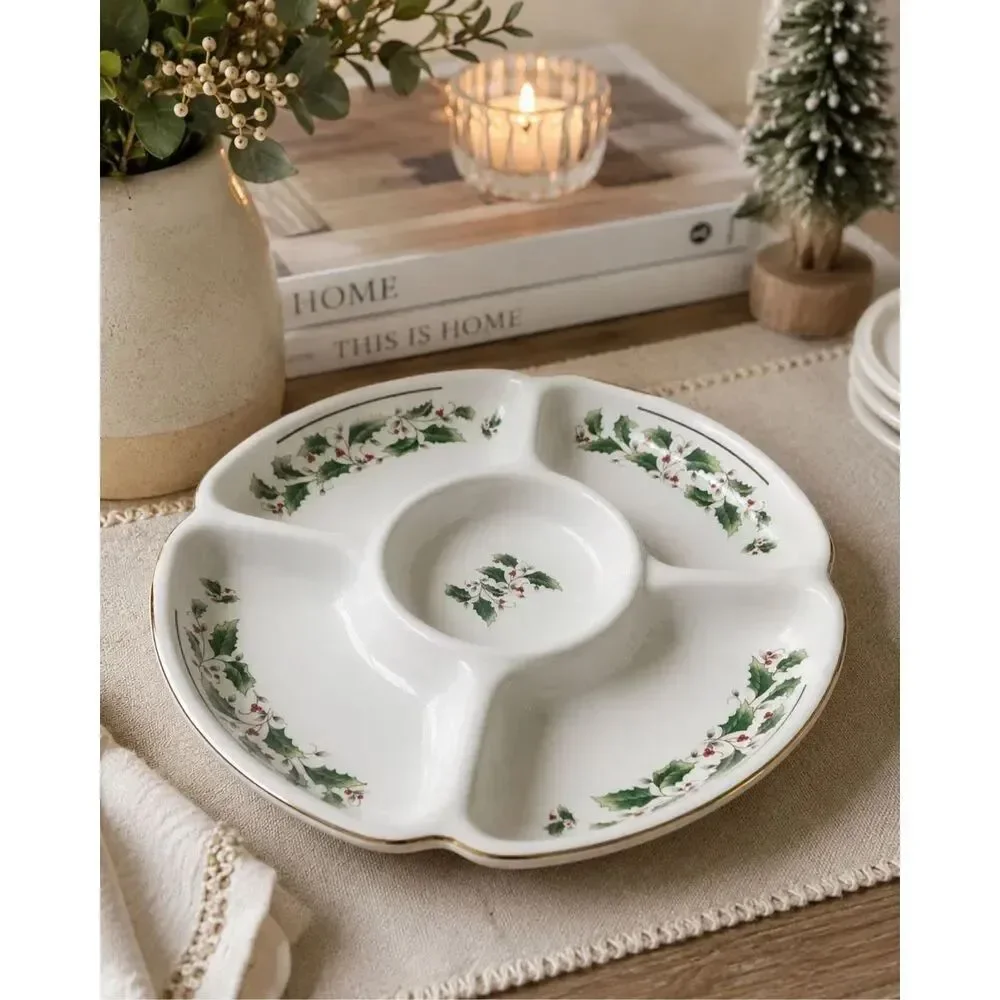 Christmas Royal Limited Holly Holiday Ceramic Divided Relish Dish 10.5